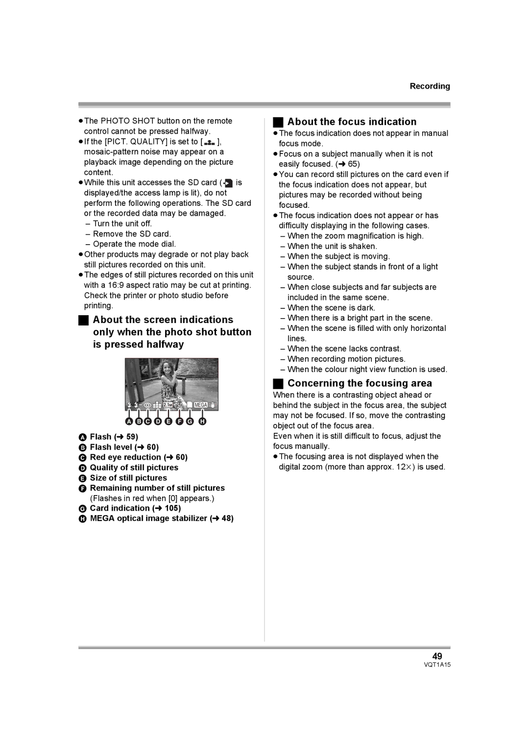 Panasonic HDC-DX1 operating instructions About the focus indication, Concerning the focusing area, Abc D E F G H 