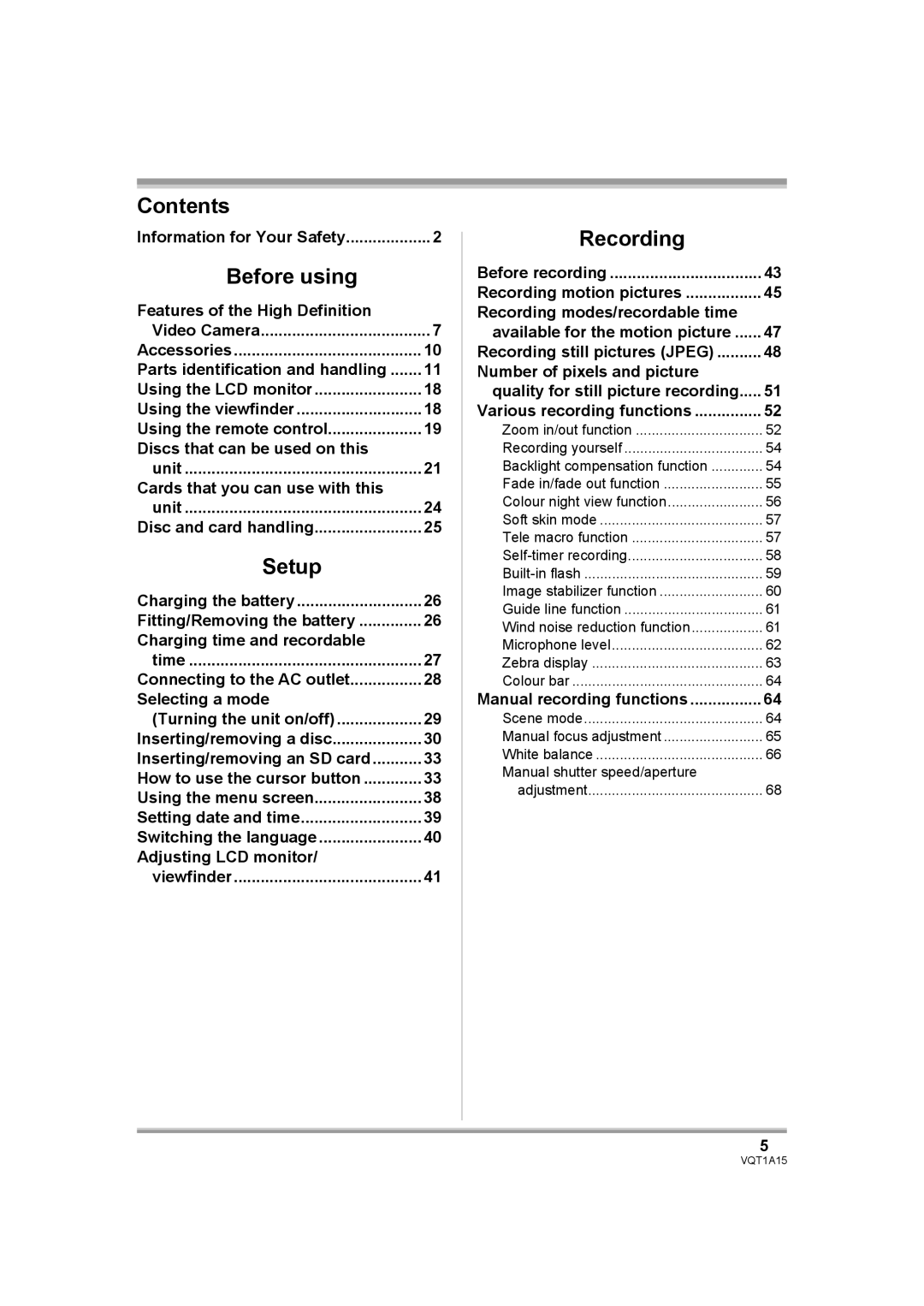 Panasonic HDC-DX1 operating instructions Information for Your Safety, Manual recording functions 