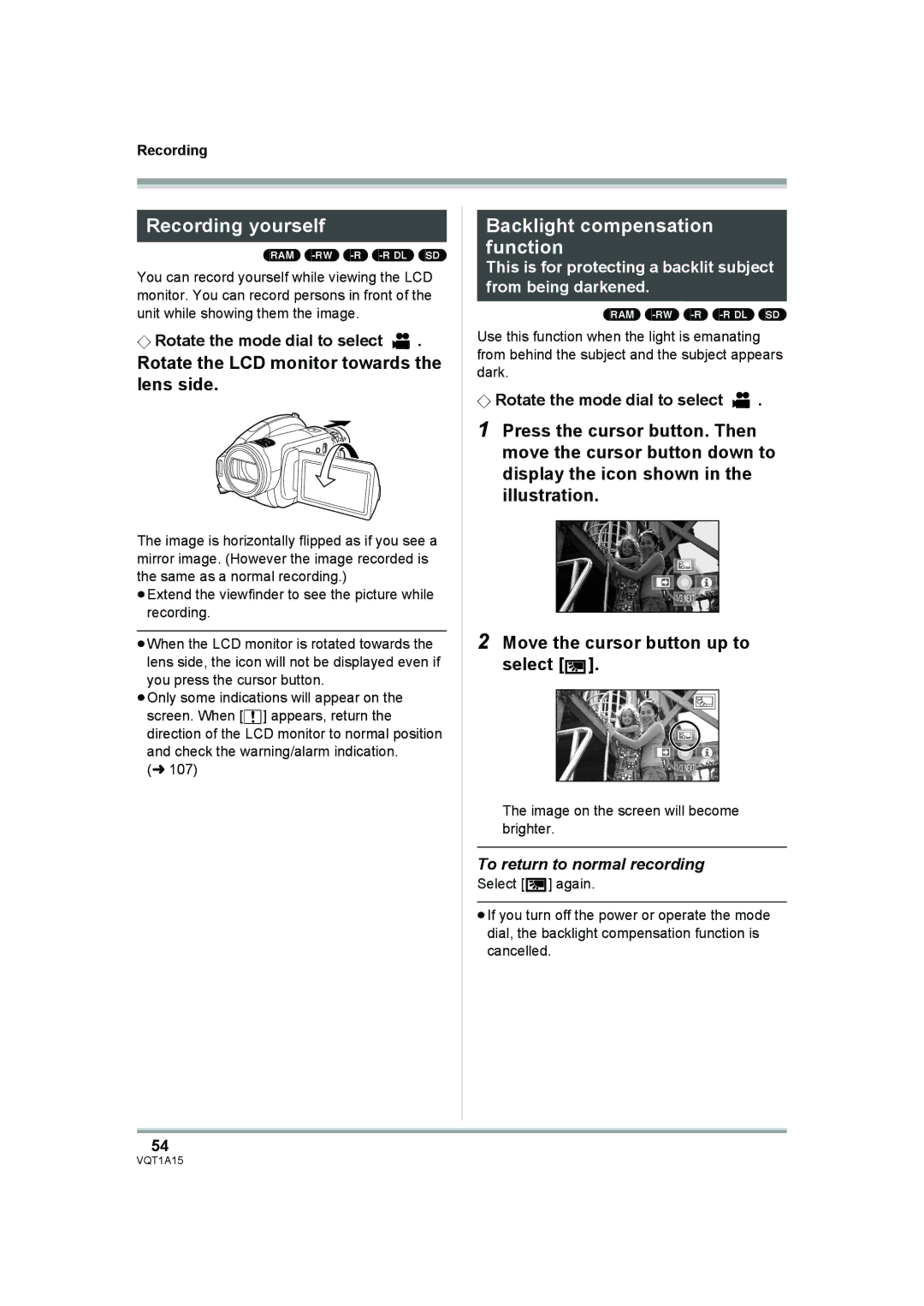 Panasonic HDC-DX1 Recording yourself, Backlight compensation function, Rotate the LCD monitor towards the lens side 