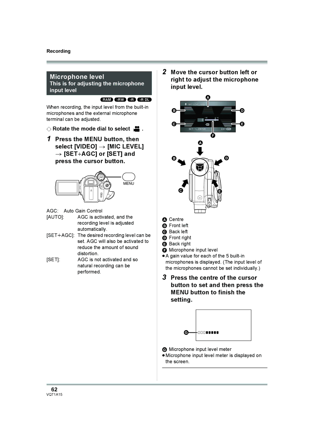 Panasonic HDC-DX1 operating instructions Microphone level, This is for adjusting the microphone input level 