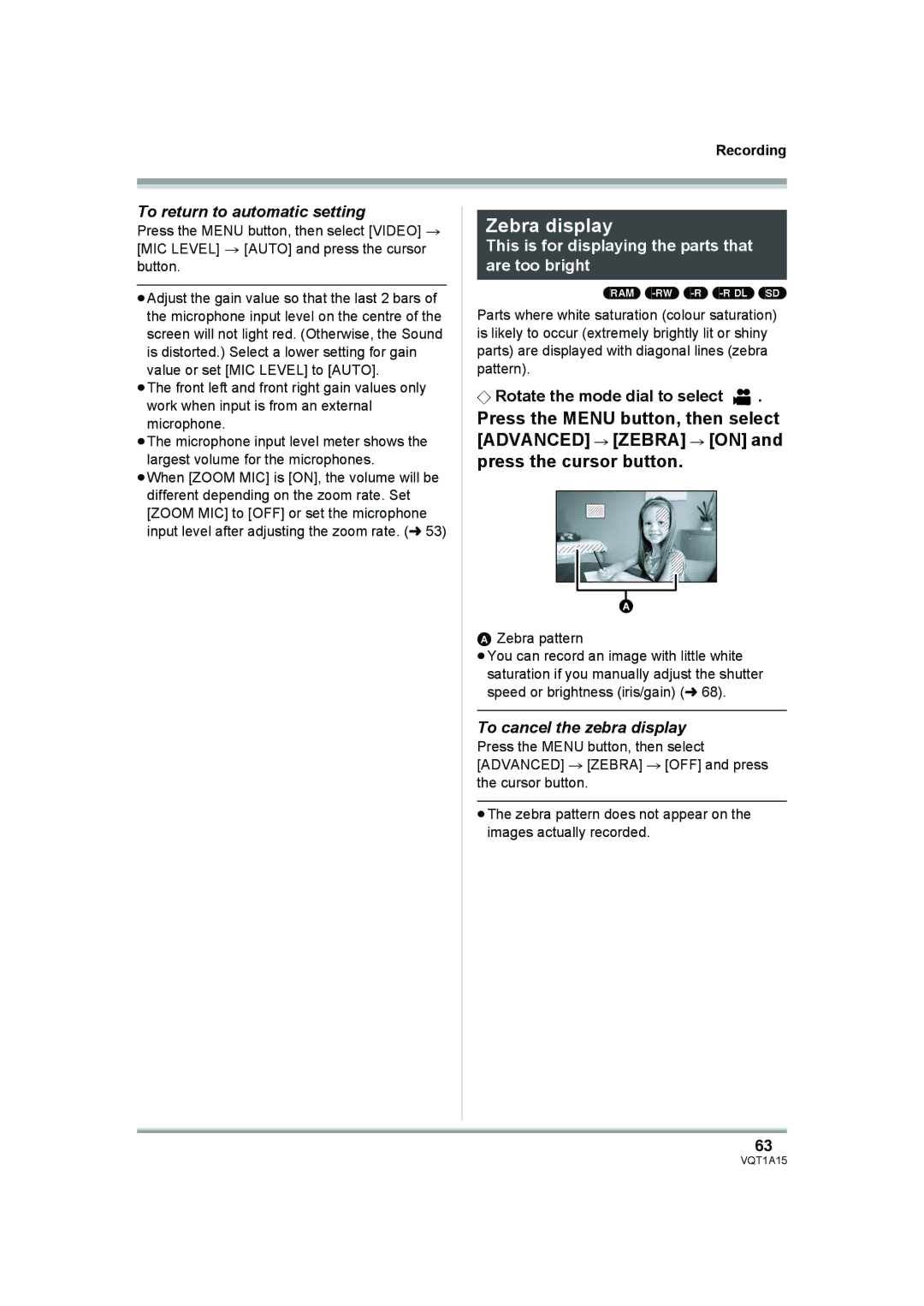 Panasonic HDC-DX1 Zebra display, To return to automatic setting, This is for displaying the parts that are too bright 