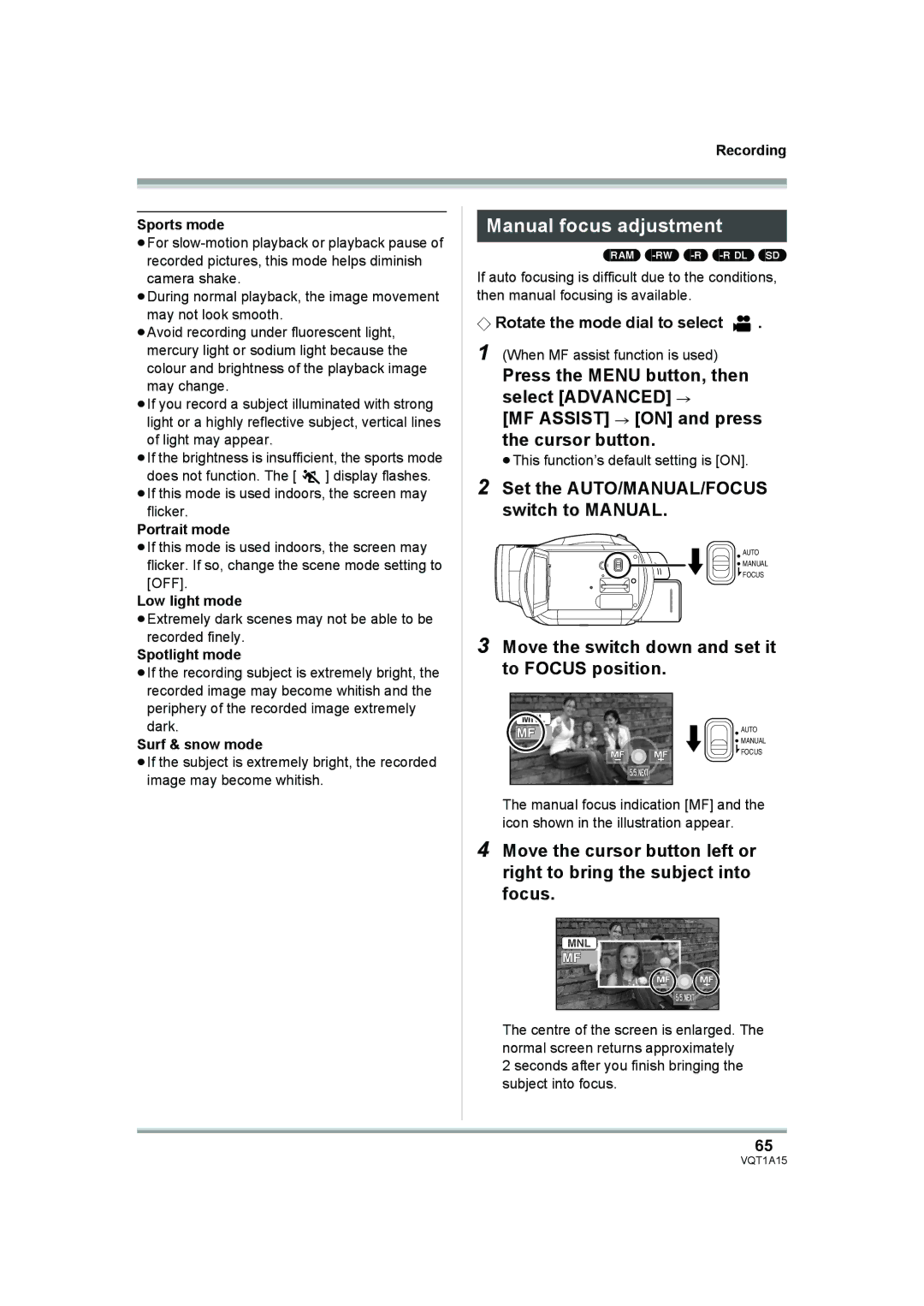 Panasonic HDC-DX1 operating instructions Manual focus adjustment, Move the switch down and set it to Focus position 