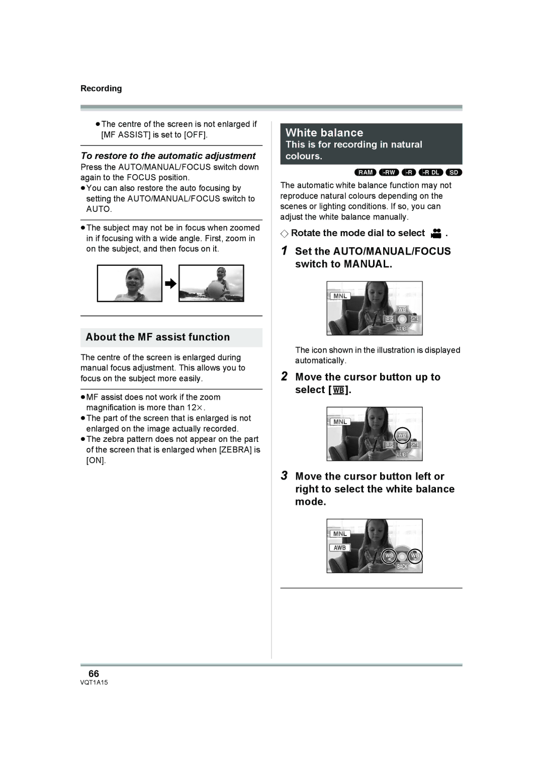 Panasonic HDC-DX1 White balance, About the MF assist function, To restore to the automatic adjustment 