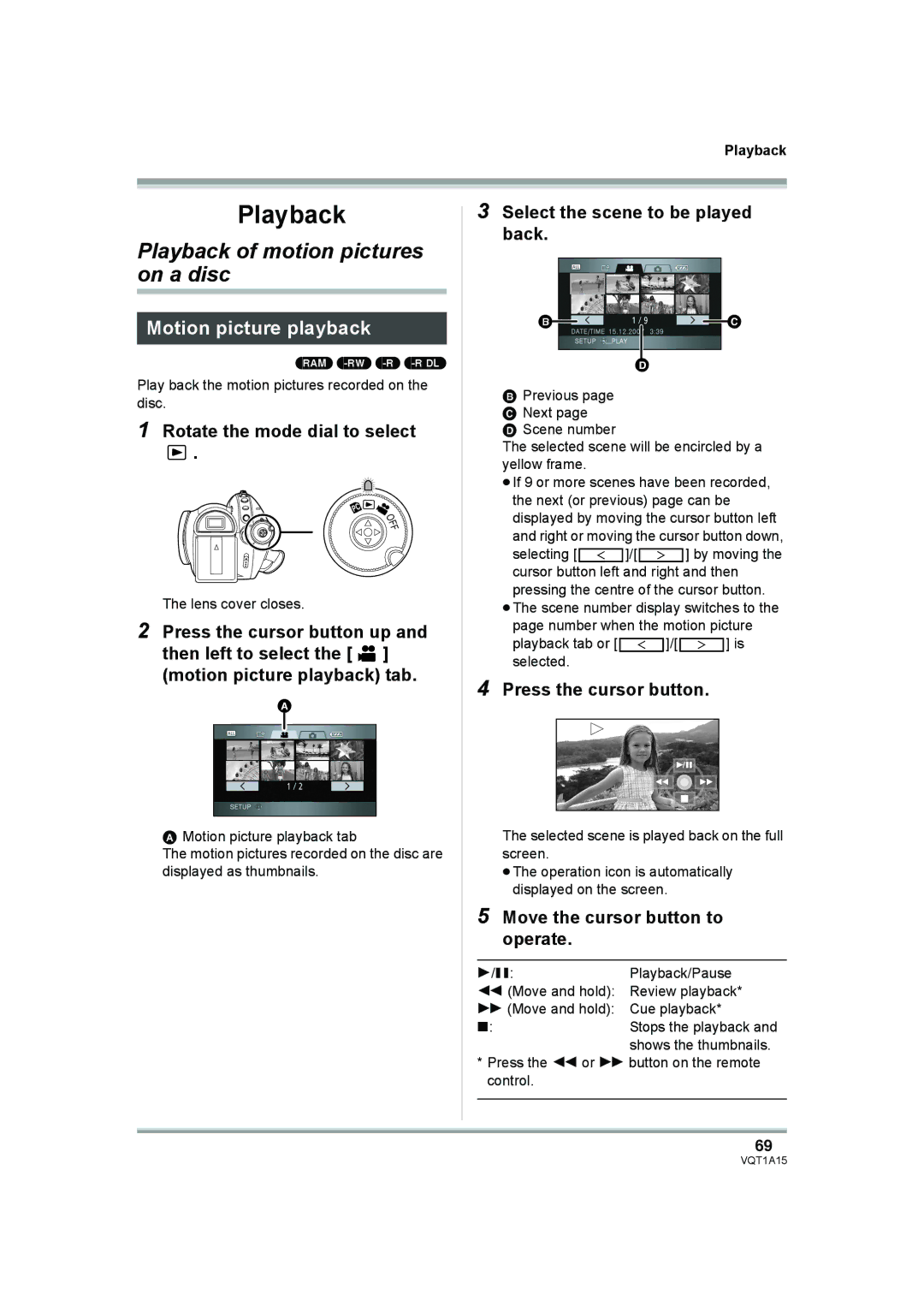 Panasonic HDC-DX1 Playback of motion pictures on a disc, Motion picture playback, Press the cursor button 