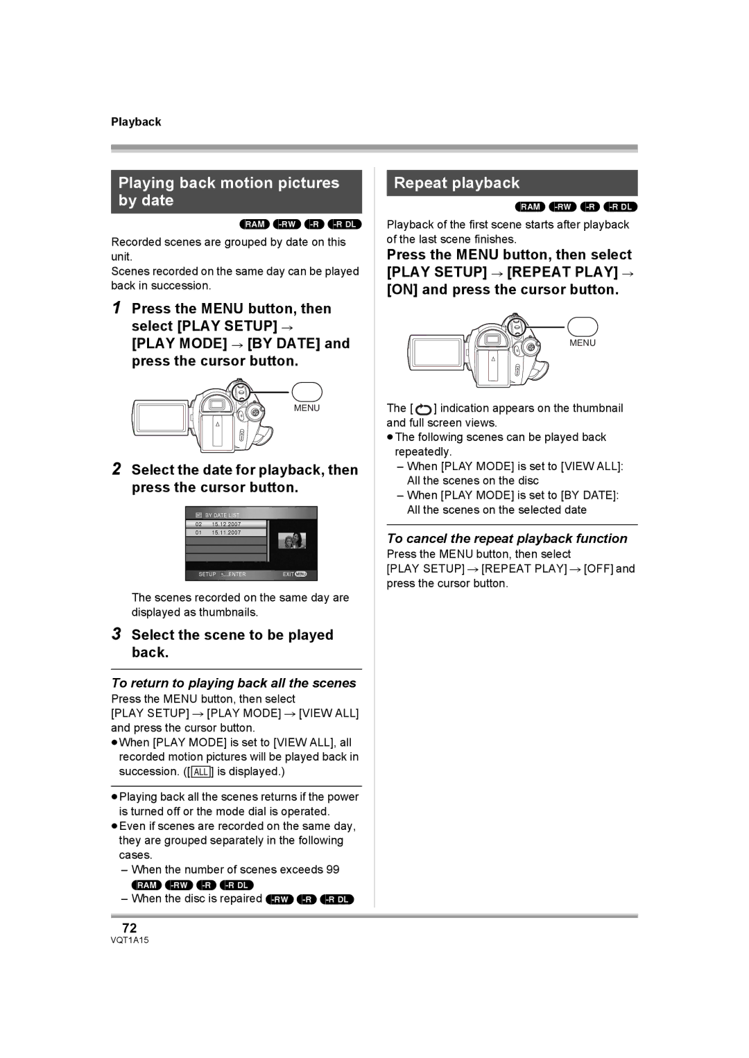 Panasonic HDC-DX1 Playing back motion pictures by date, Repeat playback, To return to playing back all the scenes 