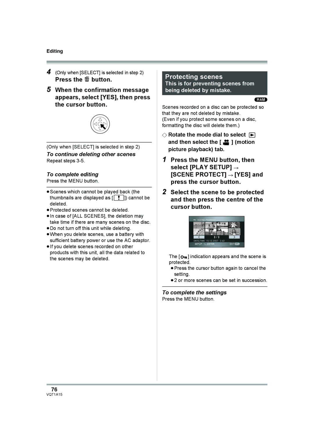 Panasonic HDC-DX1 Protecting scenes, To continue deleting other scenes, To complete editing, To complete the settings 