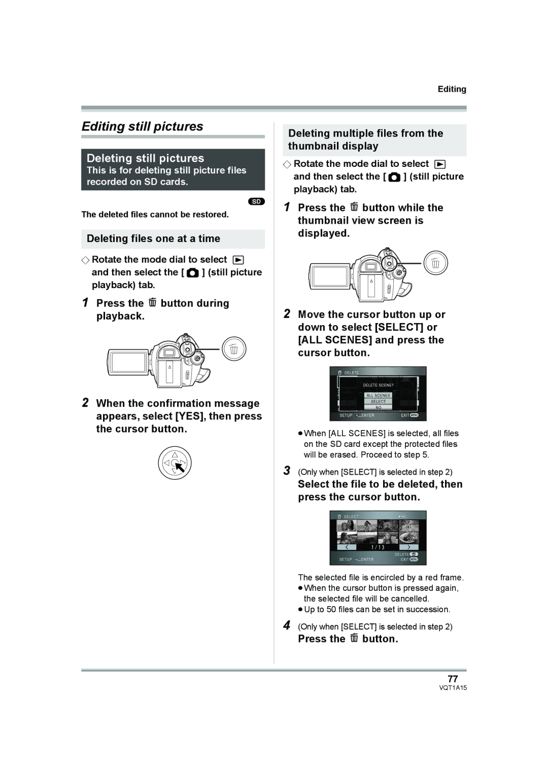 Panasonic HDC-DX1 Editing still pictures, Deleting still pictures, Deleting files one at a time, Press the button 