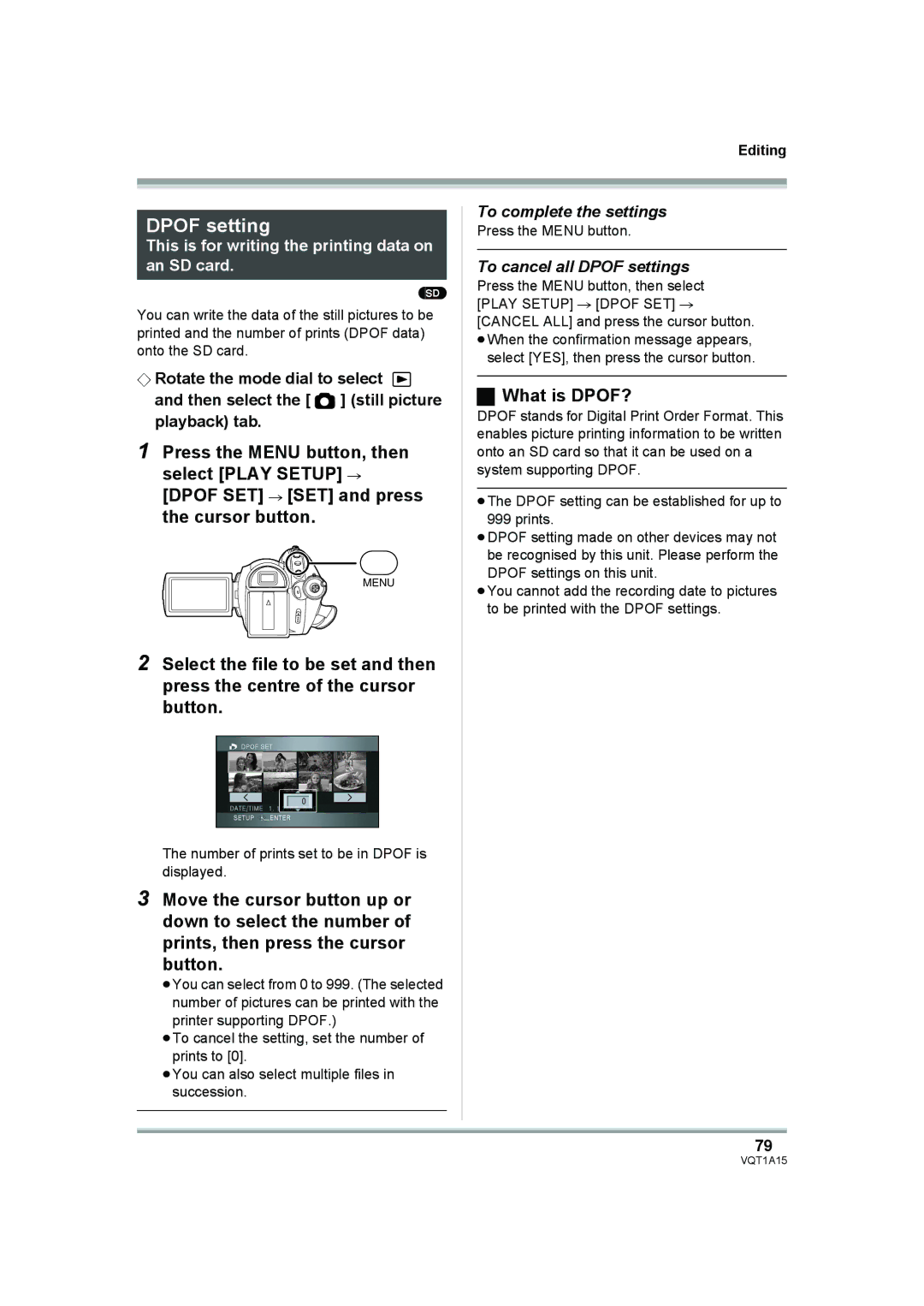 Panasonic HDC-DX1 operating instructions Dpof setting, What is DPOF?, This is for writing the printing data on an SD card 