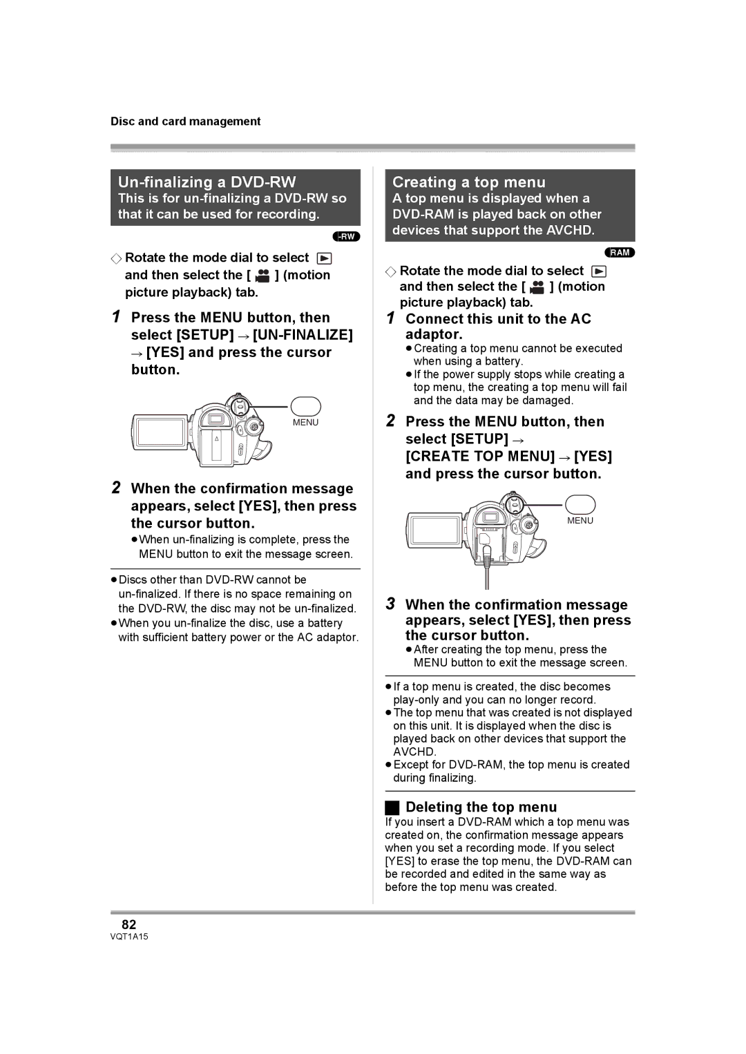 Panasonic HDC-DX1 operating instructions Un-finalizing a DVD-RW, Creating a top menu, Deleting the top menu 