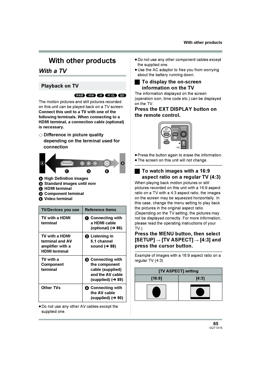 Panasonic HDC-DX1 operating instructions With a TV, Playback on TV, To display the on-screen Information on the TV 