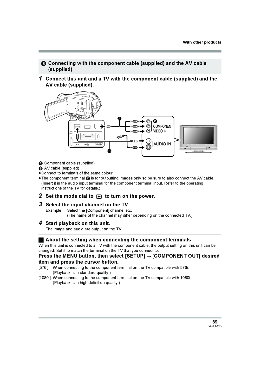 Panasonic HDC-DX1 operating instructions About the setting when connecting the component terminals, Audio 