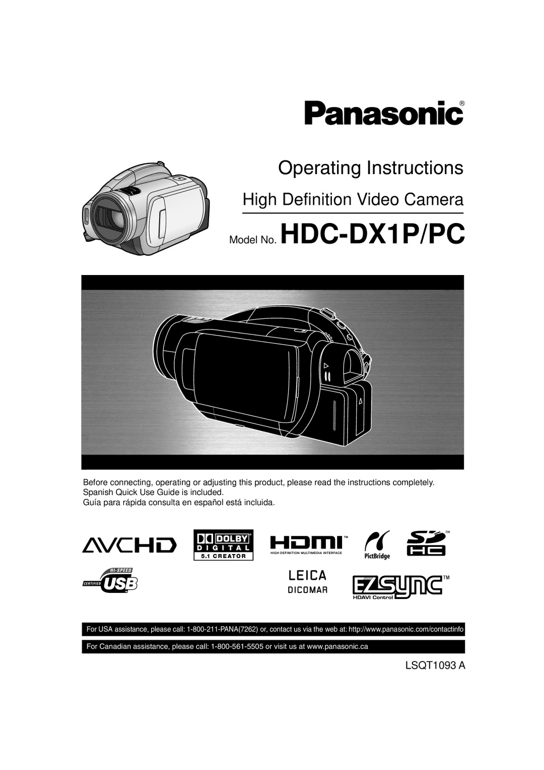 Panasonic HDC-DX1PC operating instructions Model No. HDC-DX1P/PC 