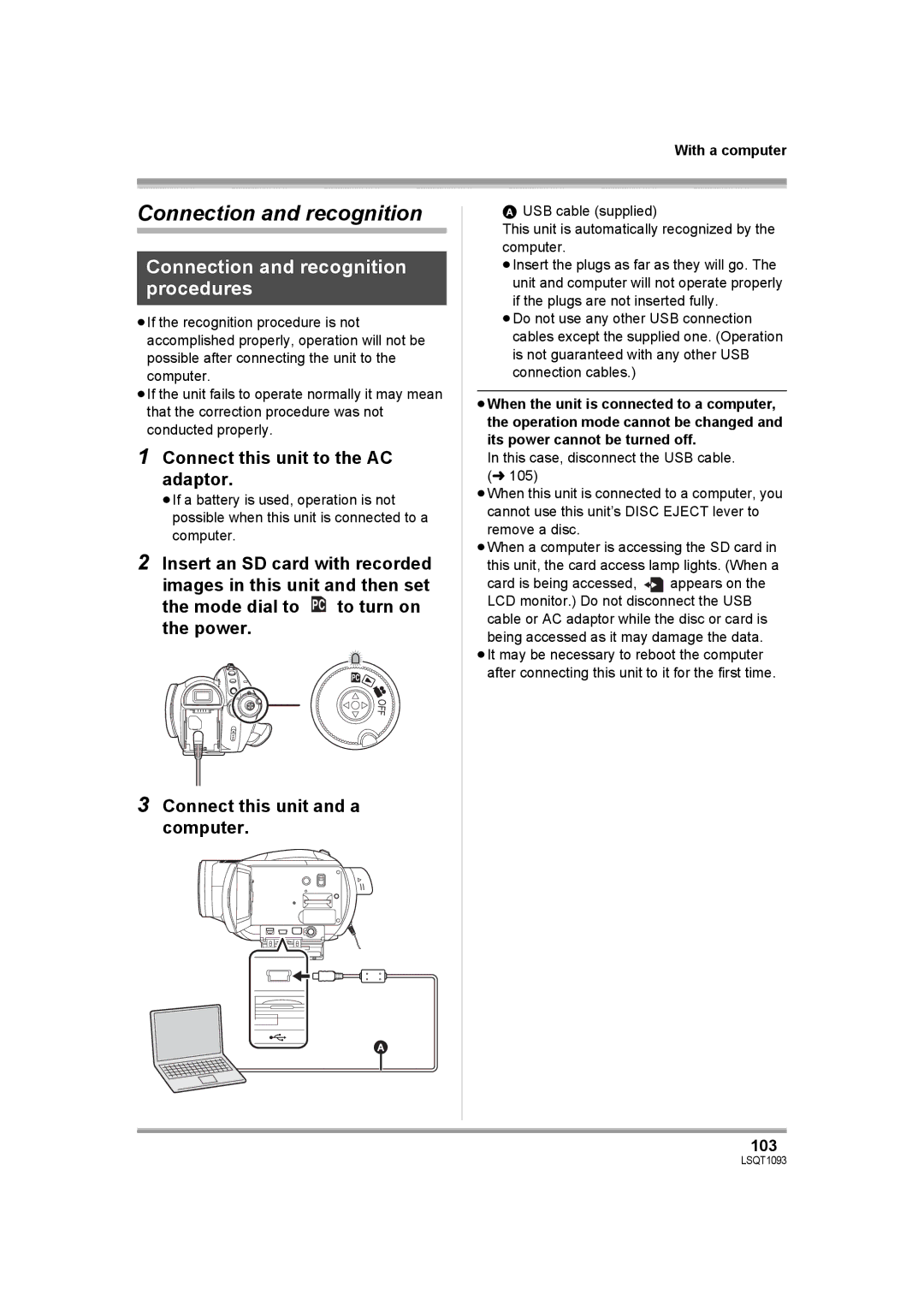 Panasonic HDC-DX1PC operating instructions Connection and recognition procedures, 103 