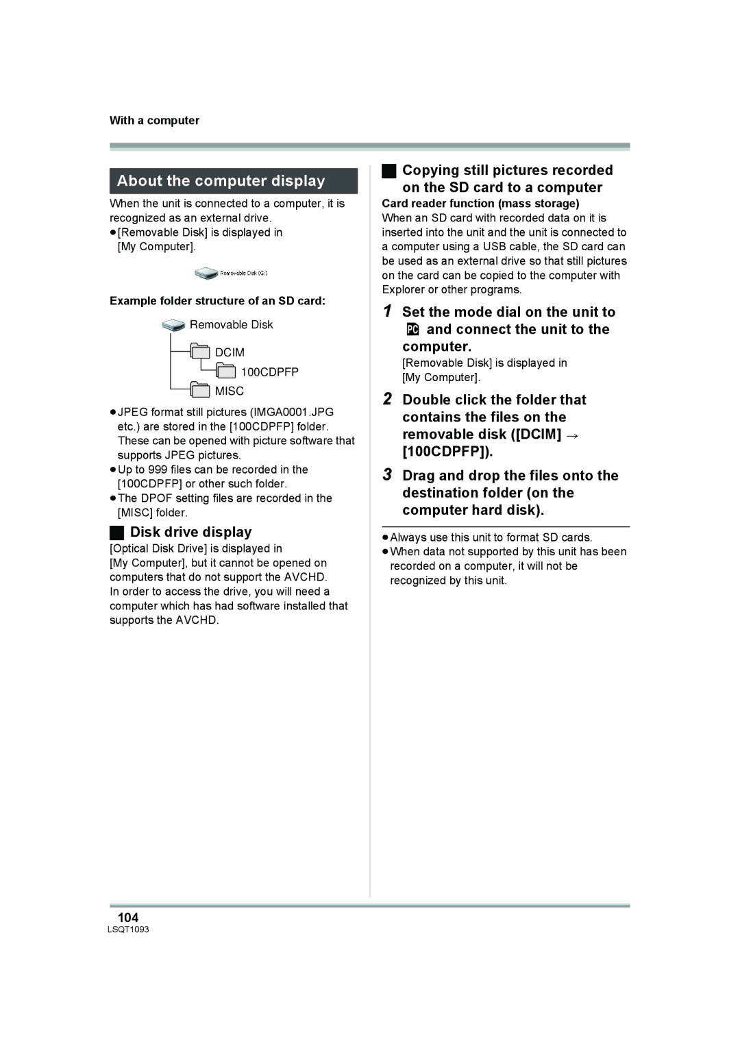 Panasonic HDC-DX1PC About the computer display, Disk drive display, 104, Example folder structure of an SD card 