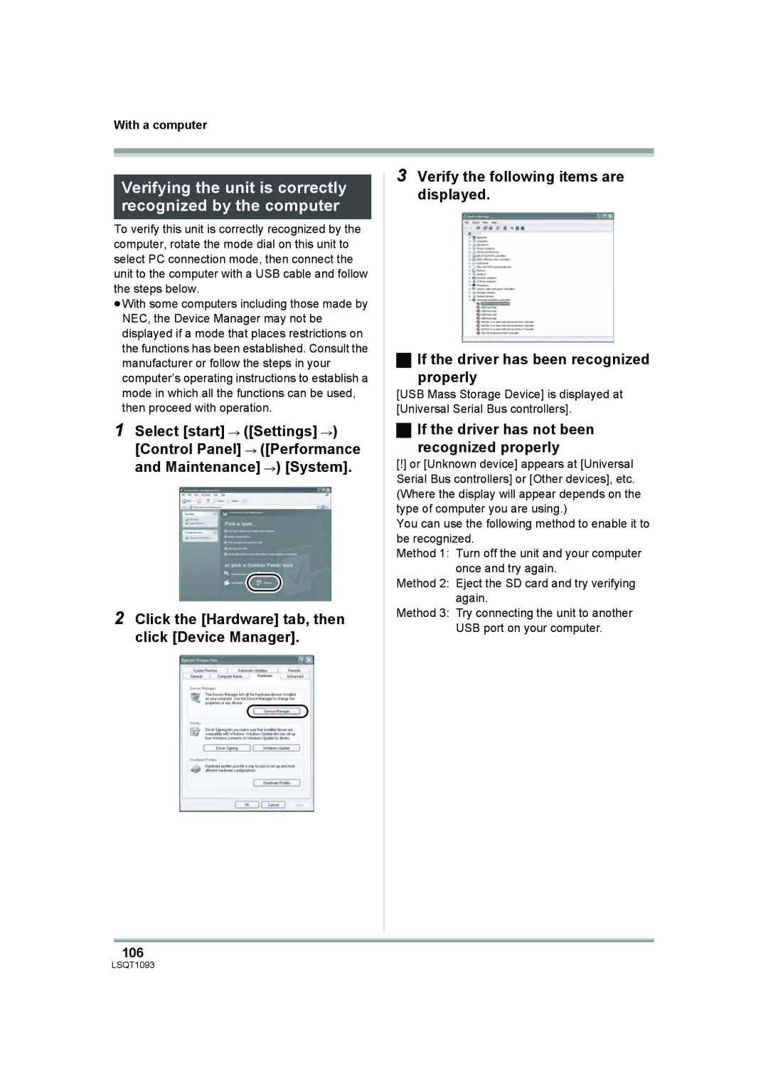 Panasonic HDC-DX1PC operating instructions Verifying the unit is correctly recognized by the computer, 106 