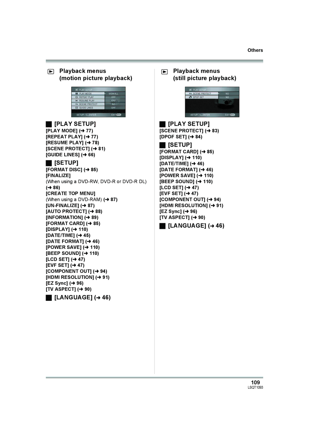 Panasonic HDC-DX1PC operating instructions Playback menus Motion picture playback Play Setup, 109, Create TOP Menu 