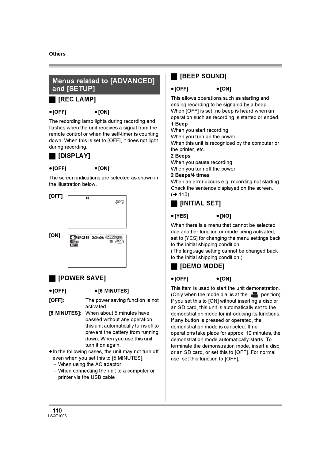 Panasonic HDC-DX1PC operating instructions Menus related to Advanced and Setup 