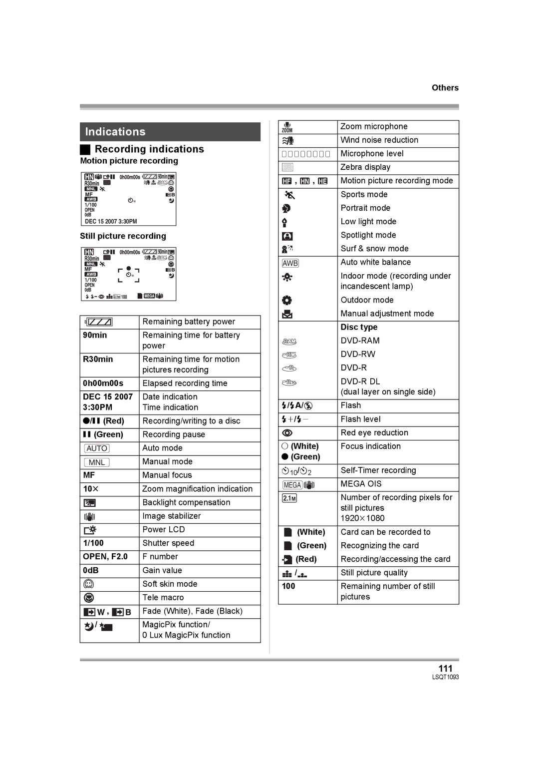 Panasonic HDC-DX1PC operating instructions Indications, Recording indications, 111 