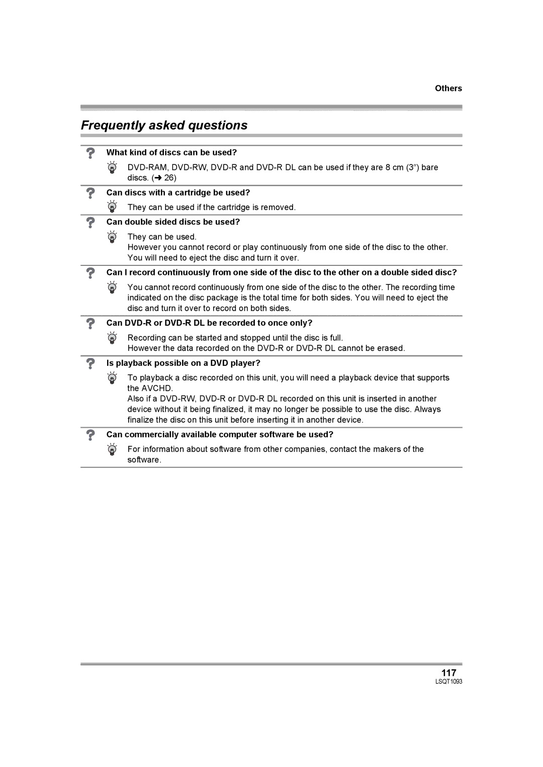 Panasonic HDC-DX1PC operating instructions Frequently asked questions, 117 