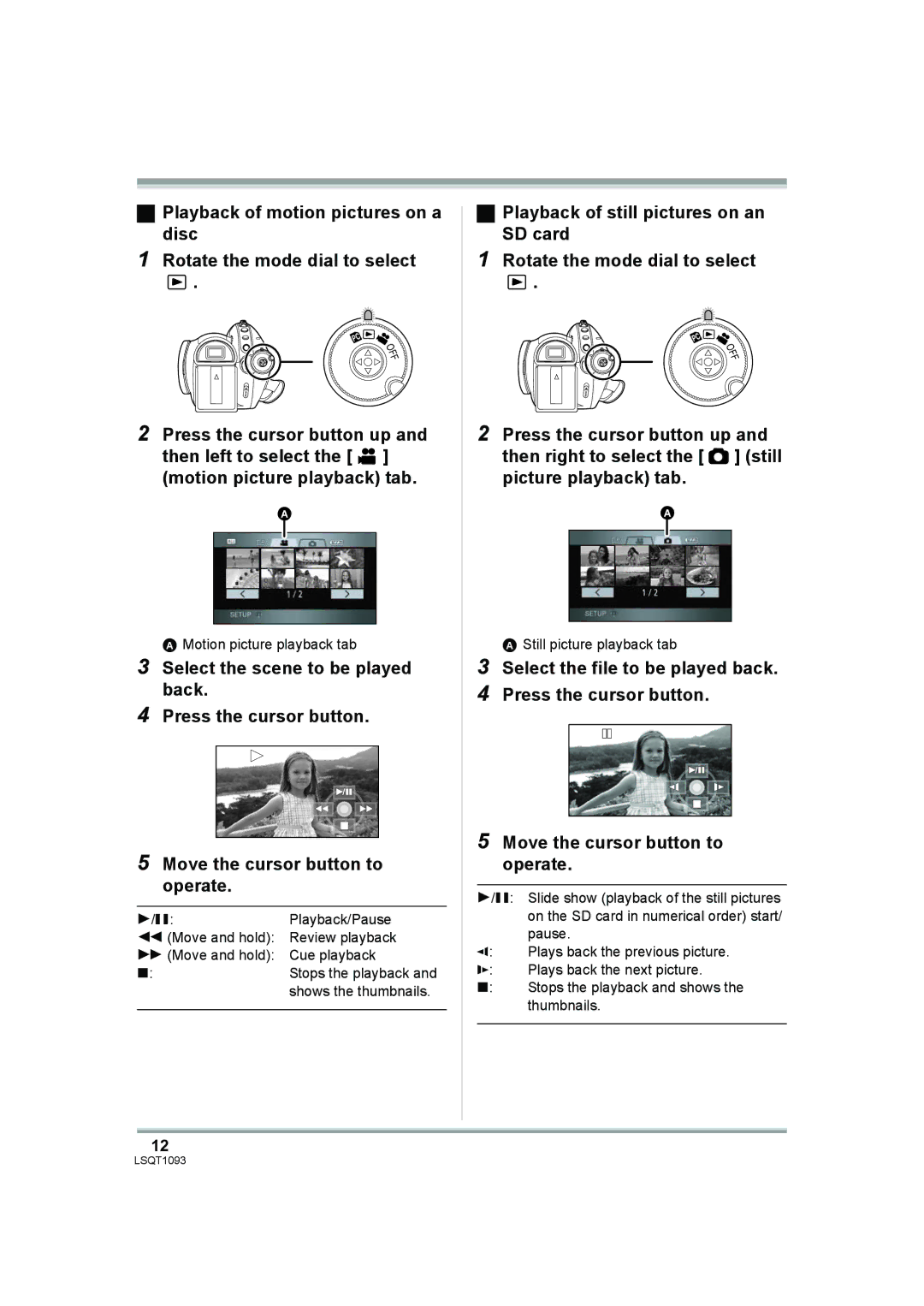 Panasonic HDC-DX1PC operating instructions Motion picture playback tab, Still picture playback tab 