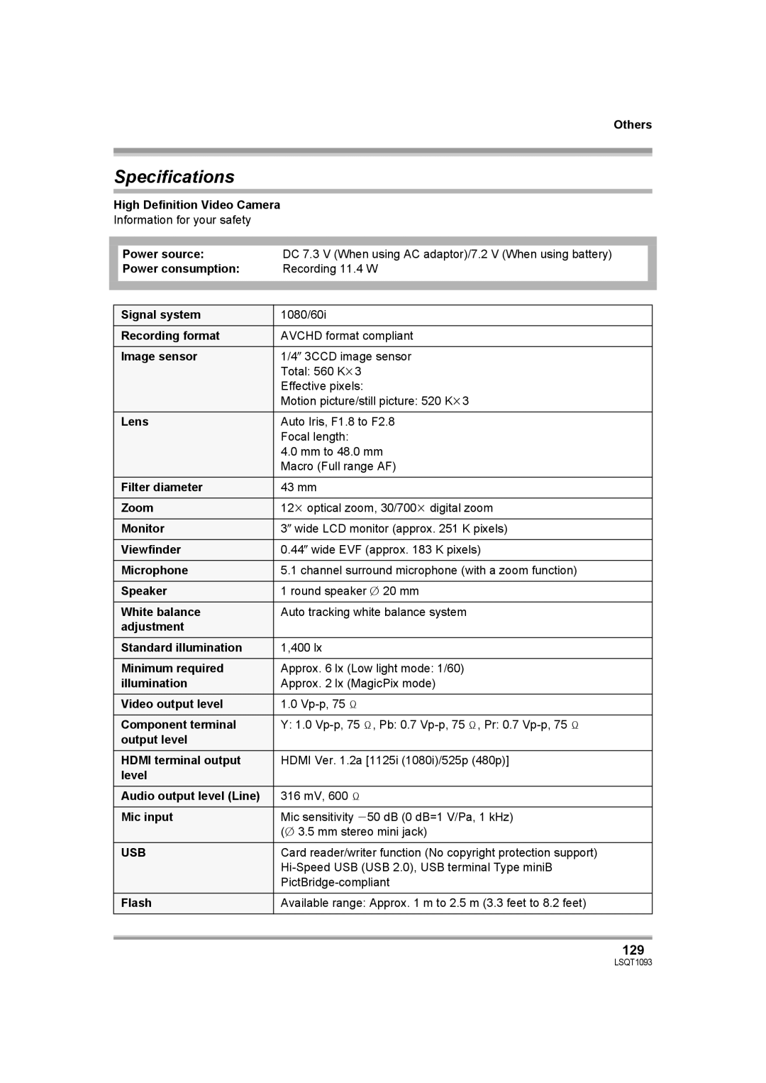 Panasonic HDC-DX1PC operating instructions Specifications, 129, Usb 