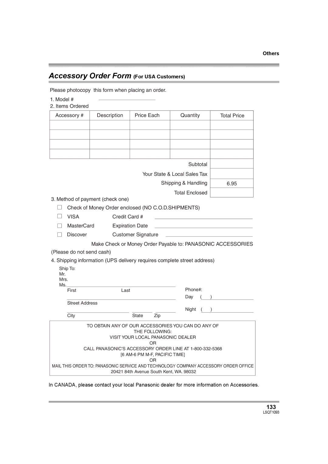 Panasonic HDC-DX1PC operating instructions Accessory Order Form For USA Customers, 133 