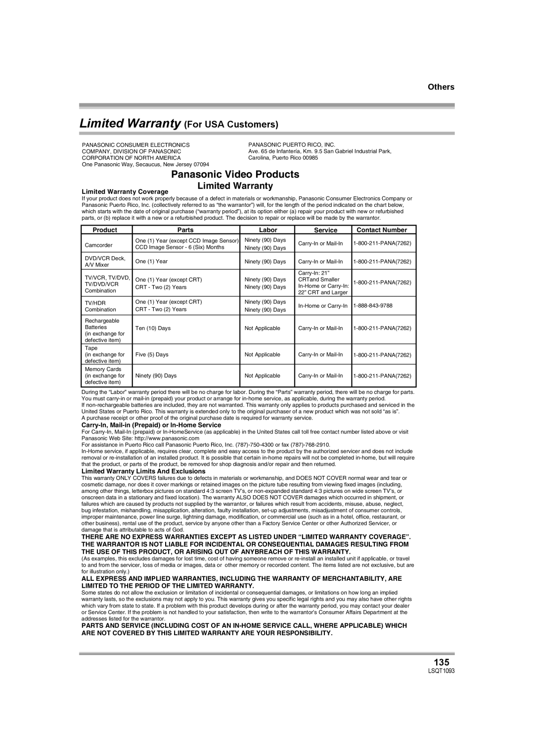 Panasonic HDC-DX1PC operating instructions Panasonic Video Products, 135 