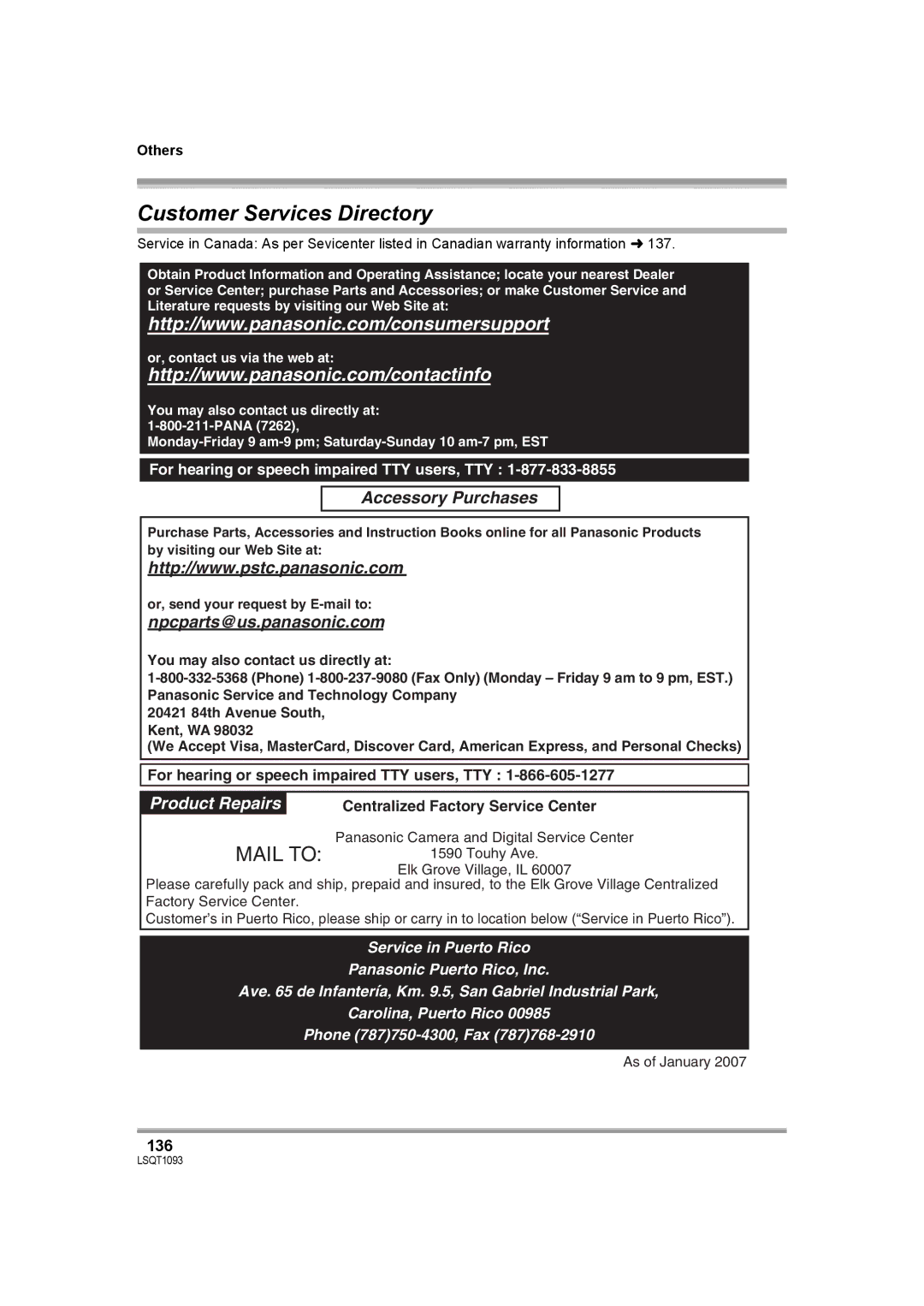 Panasonic HDC-DX1PC operating instructions Customer Services Directory, 136 