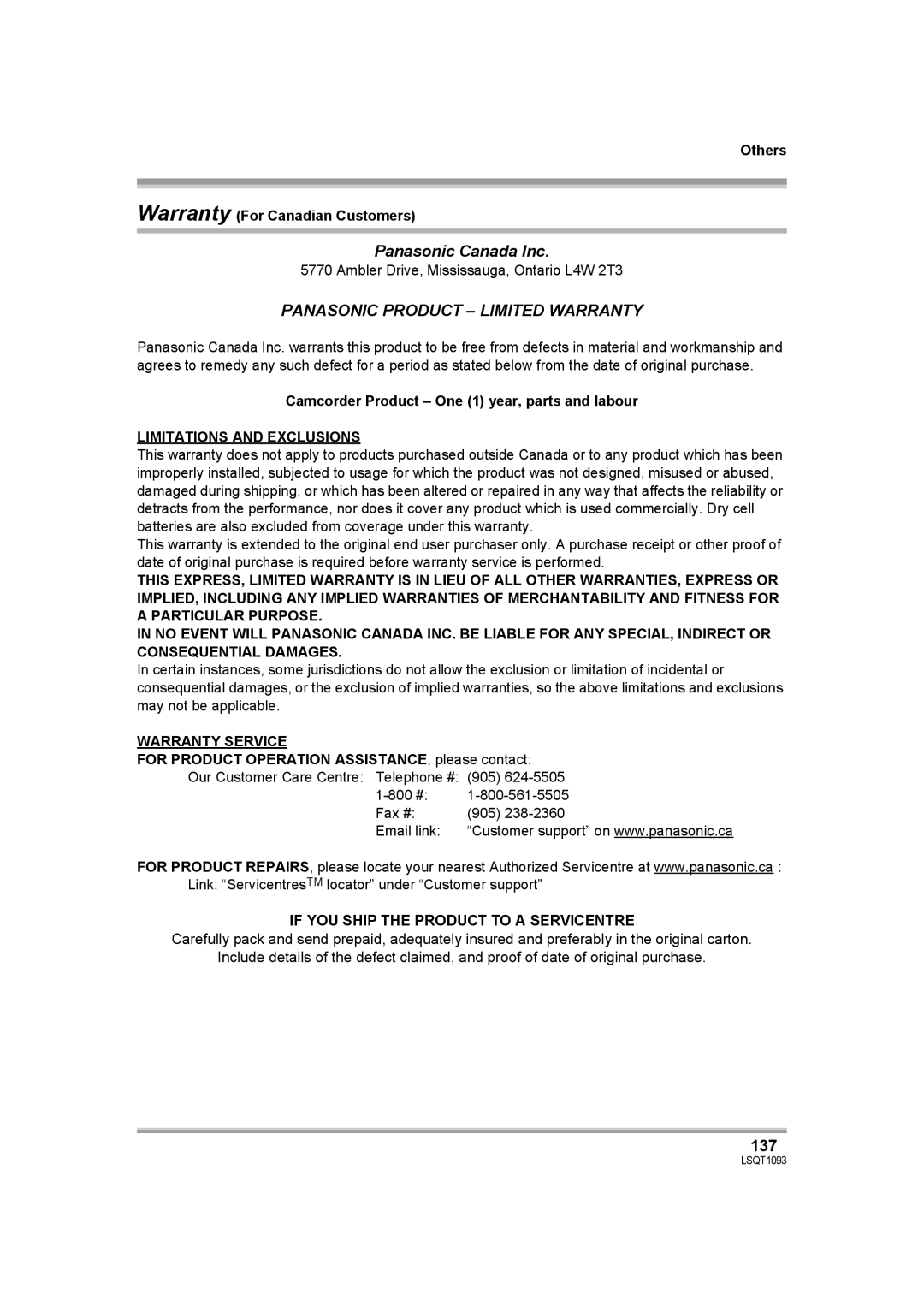 Panasonic HDC-DX1PC operating instructions Panasonic Canada Inc, 137, Limitations and Exclusions, Warranty Service 