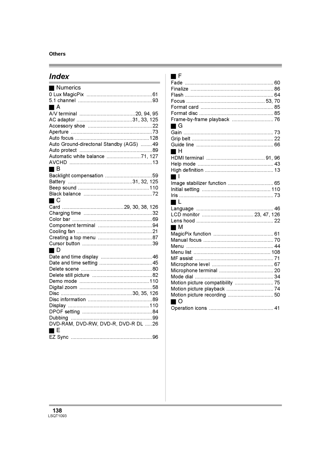 Panasonic HDC-DX1PC operating instructions Index, 138 