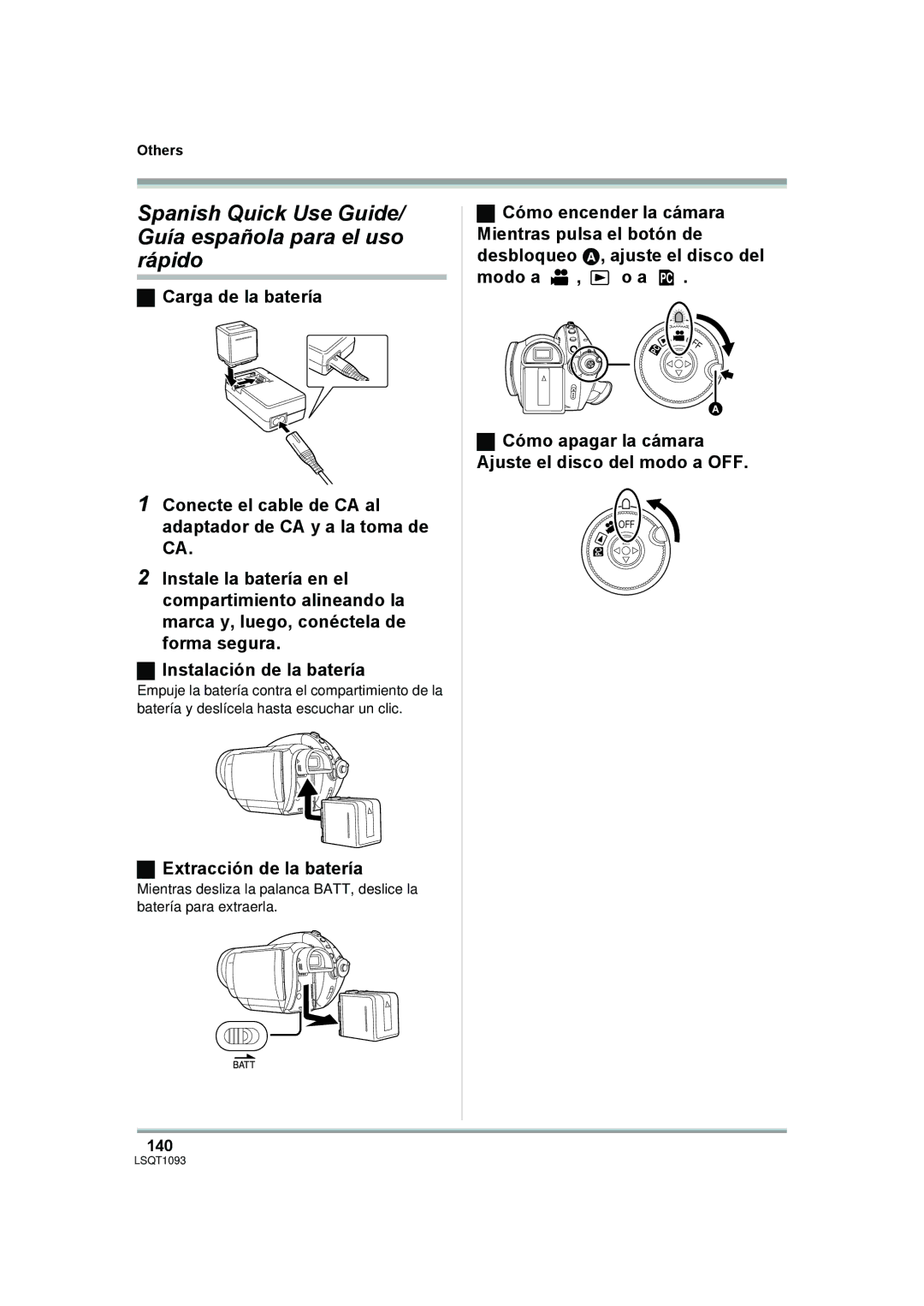 Panasonic HDC-DX1PC Spanish Quick Use Guide/ Guía española para el uso rápido, Extracción de la batería, 140 