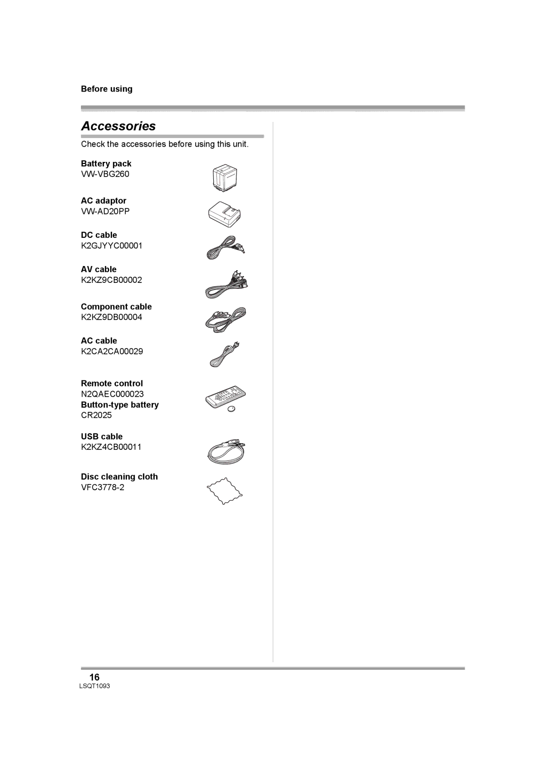 Panasonic HDC-DX1PC operating instructions Accessories 