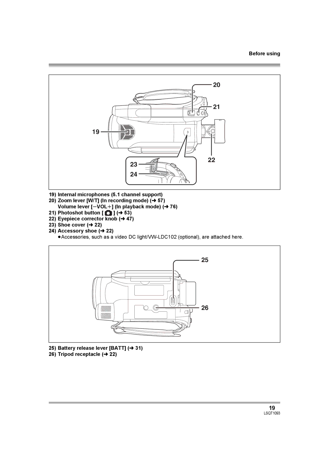 Panasonic HDC-DX1PC operating instructions Battery release lever Batt l Tripod receptacle l 