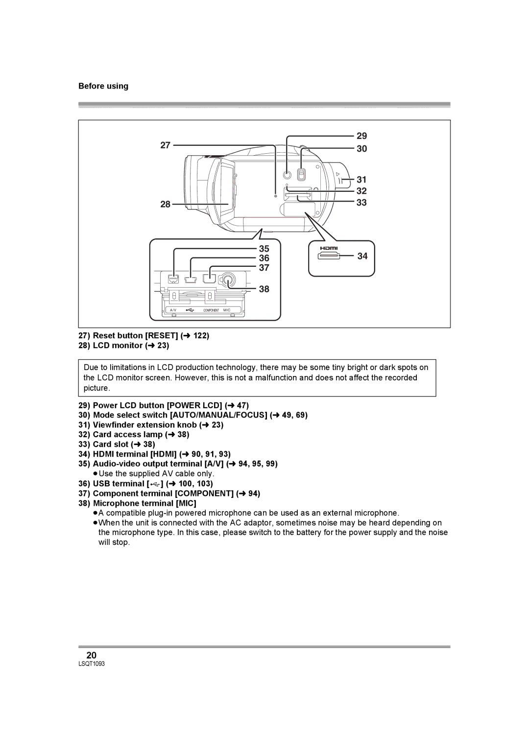 Panasonic HDC-DX1PC operating instructions Reset button Reset l LCD monitor l, ≥Use the supplied AV cable only 