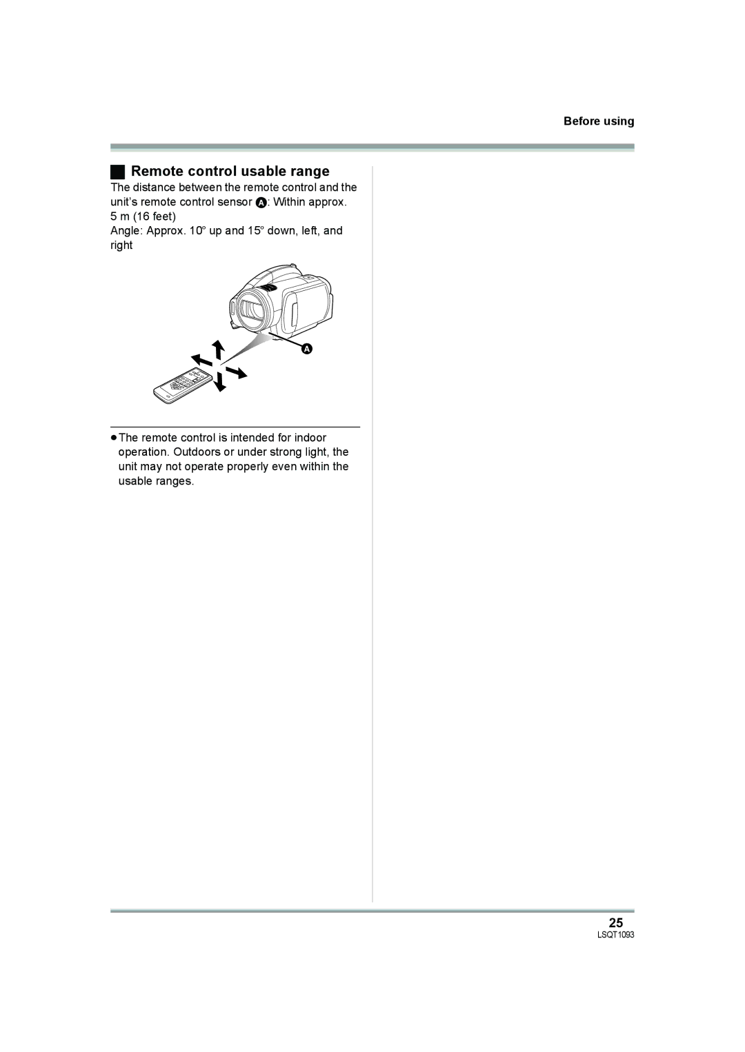 Panasonic HDC-DX1PC operating instructions Remote control usable range 