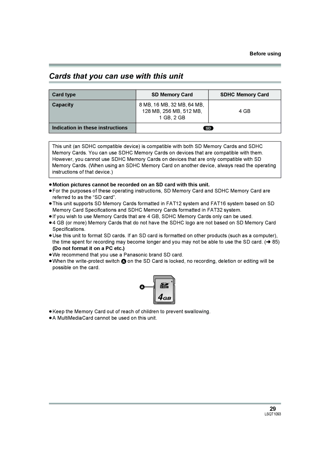 Panasonic HDC-DX1PC Cards that you can use with this unit, Card type, Capacity, Indication in these instructions 