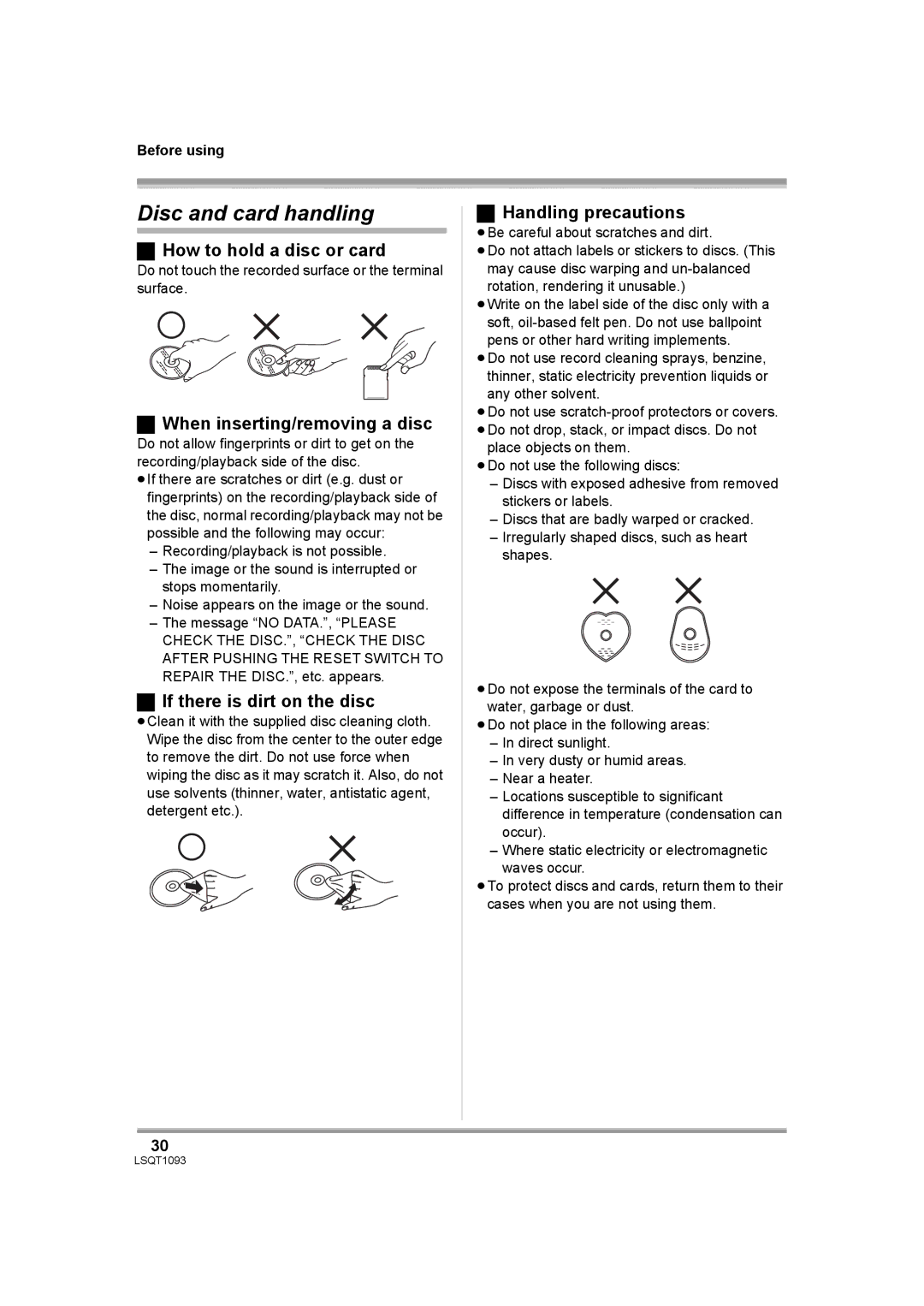 Panasonic HDC-DX1PC Disc and card handling, How to hold a disc or card, When inserting/removing a disc 