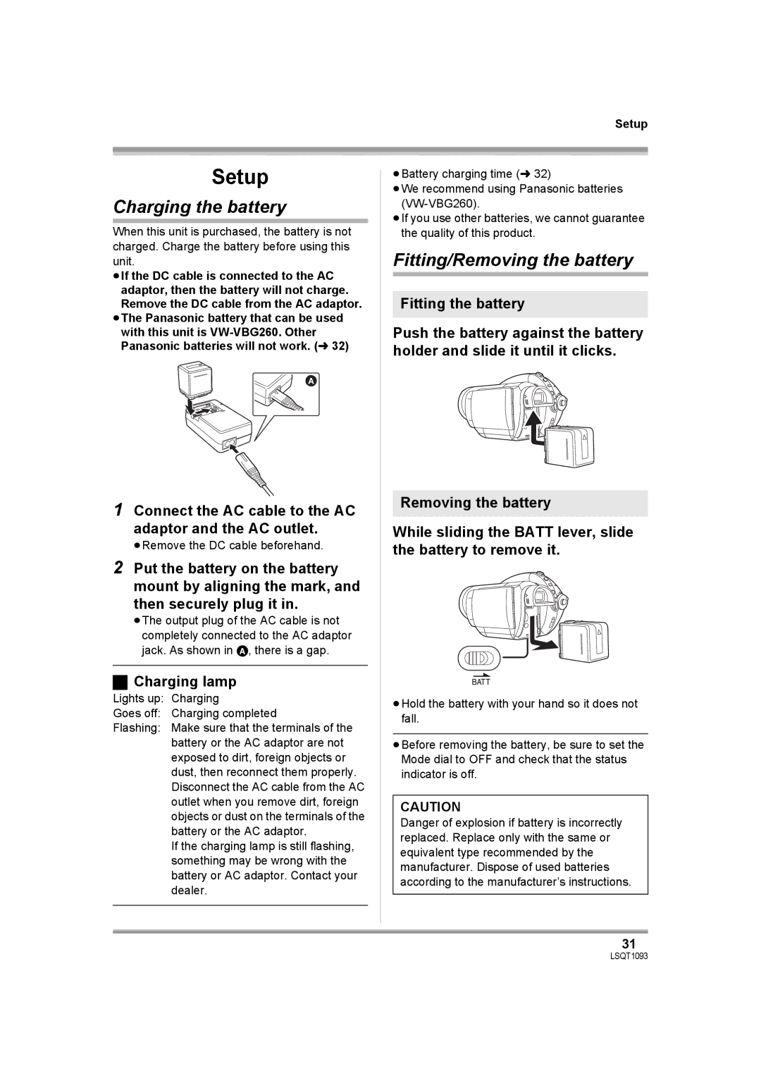 Panasonic HDC-DX1PC operating instructions Charging the battery, Fitting/Removing the battery, Charging lamp, Setup 