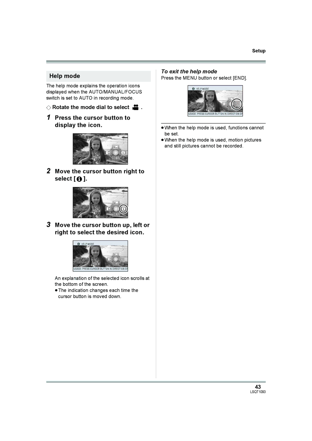 Panasonic HDC-DX1PC operating instructions Help mode, To exit the help mode 