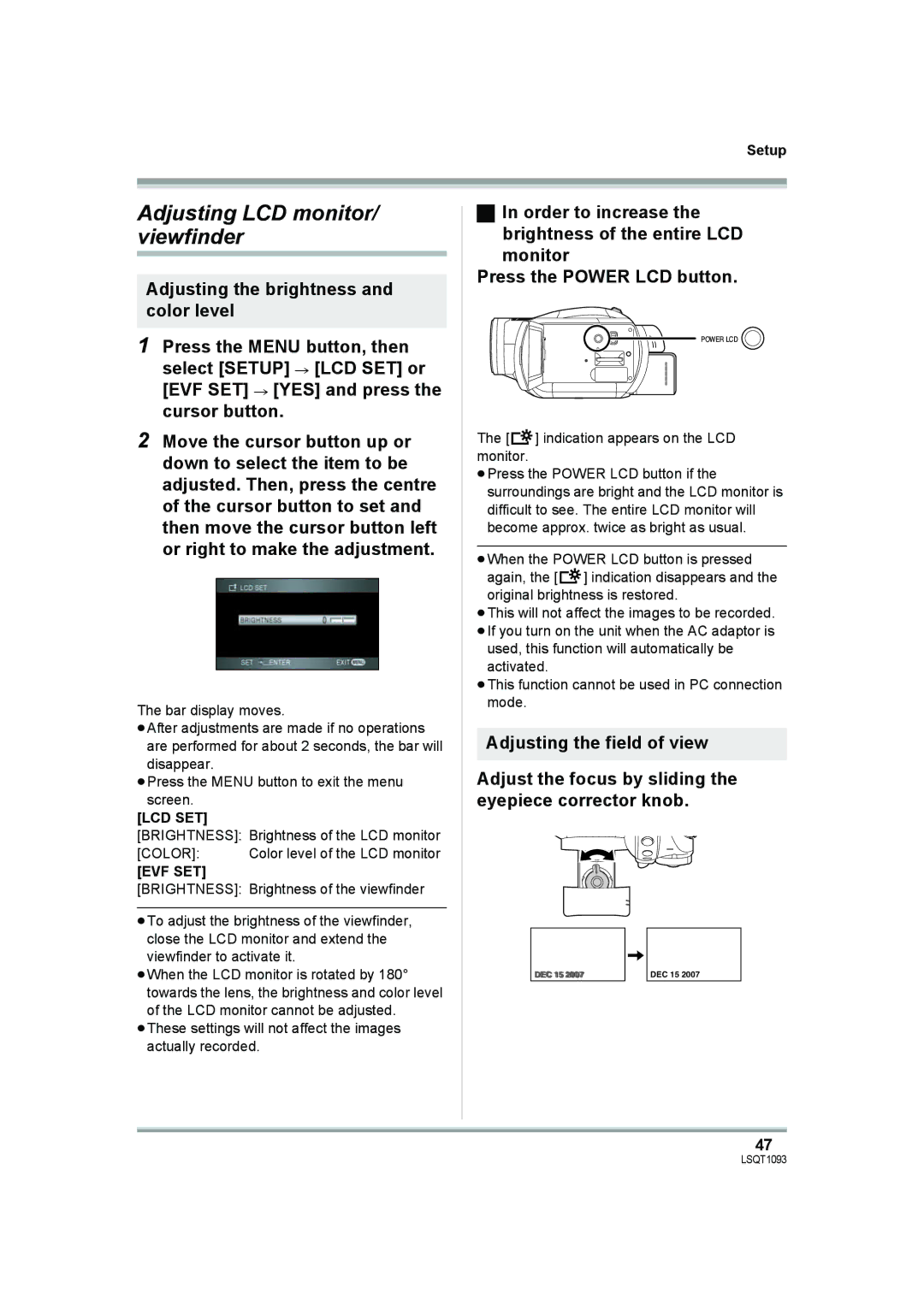 Panasonic HDC-DX1PC operating instructions Adjusting LCD monitor/ viewfinder, Lcd Set, Evf Set 