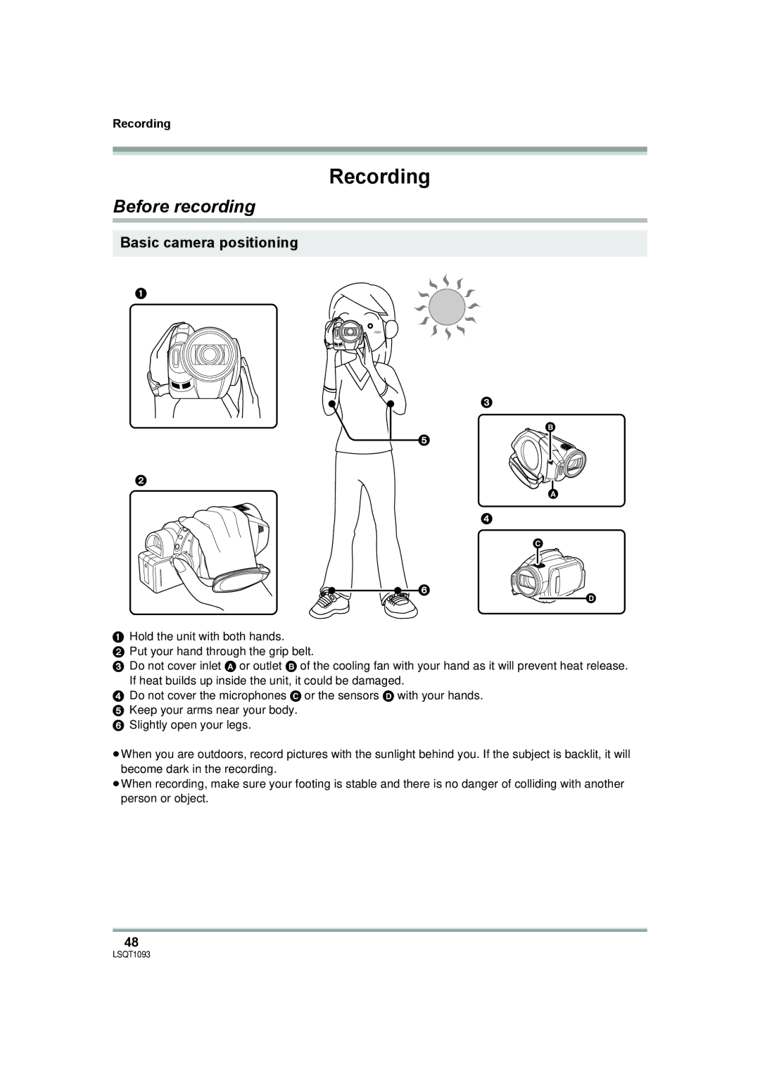 Panasonic HDC-DX1PC operating instructions Before recording, Basic camera positioning, Recording 