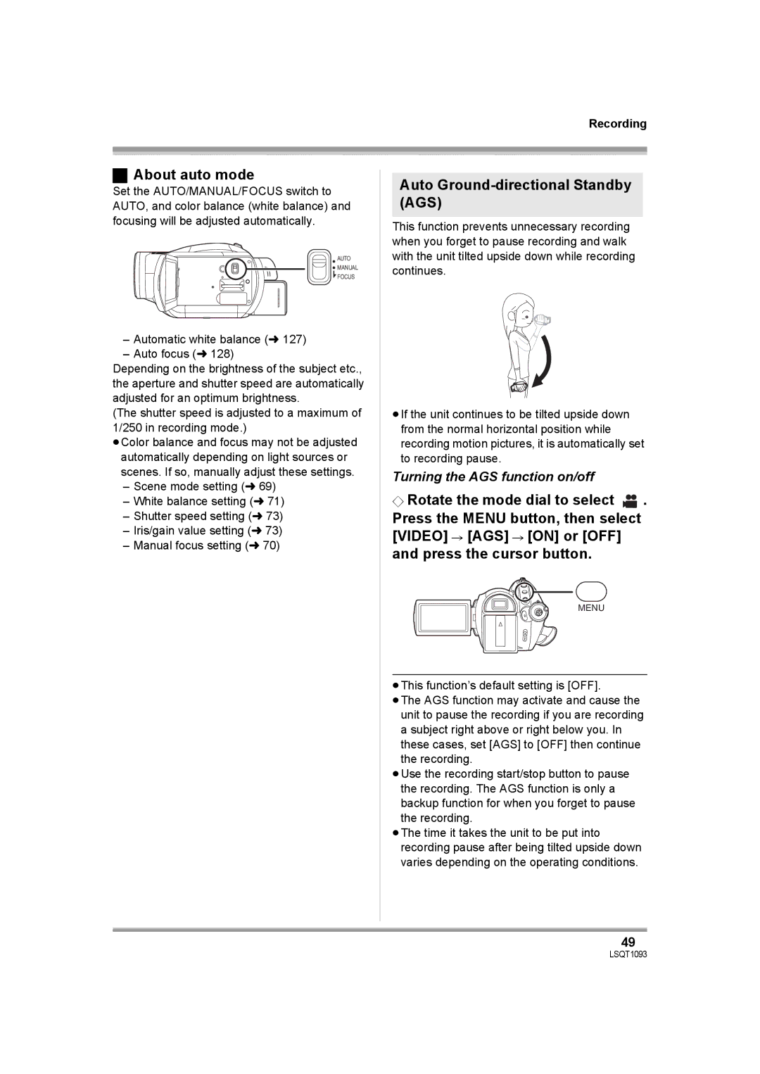 Panasonic HDC-DX1PC About auto mode, Auto Ground-directional Standby AGS, Turning the AGS function on/off 