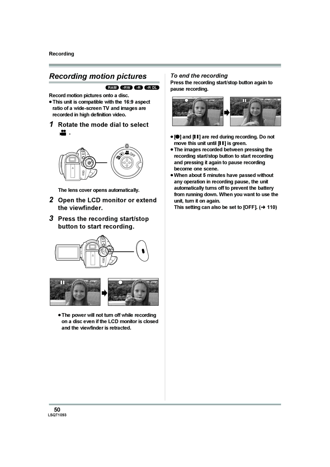 Panasonic HDC-DX1PC Recording motion pictures, To end the recording, Lens cover opens automatically 