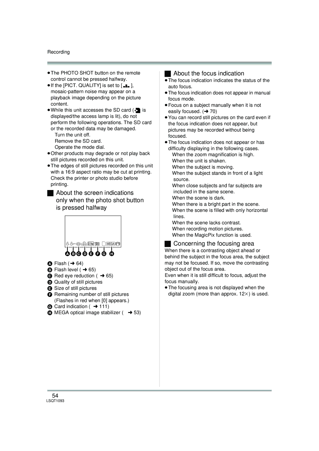 Panasonic HDC-DX1PC operating instructions About the focus indication, Concerning the focusing area, Abc D E F G H 