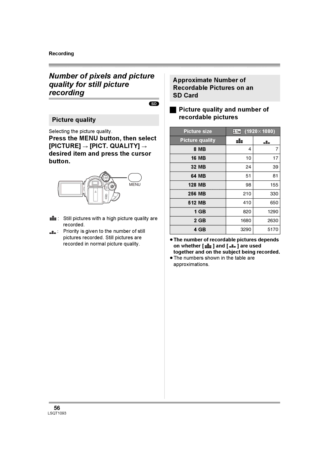 Panasonic HDC-DX1PC operating instructions Picture quality, 16 MB 32 MB 64 MB 128 MB, 256 MB, 512 MB 