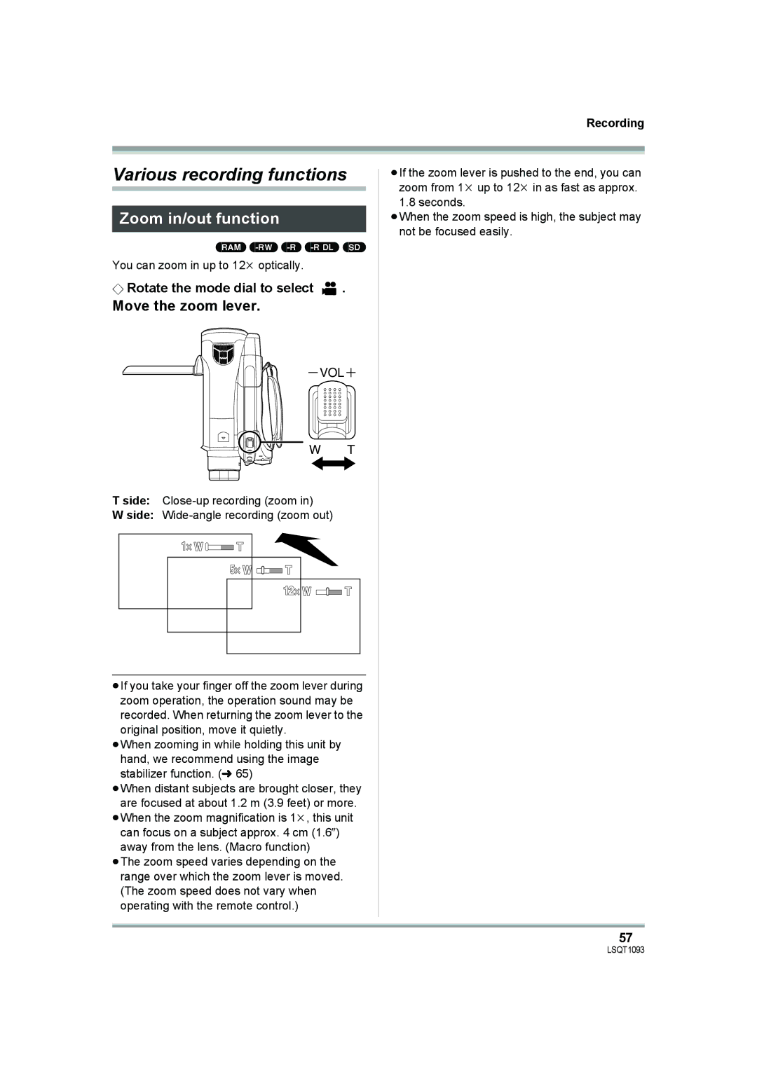 Panasonic HDC-DX1PC operating instructions Various recording functions, Zoom in/out function, Move the zoom lever 