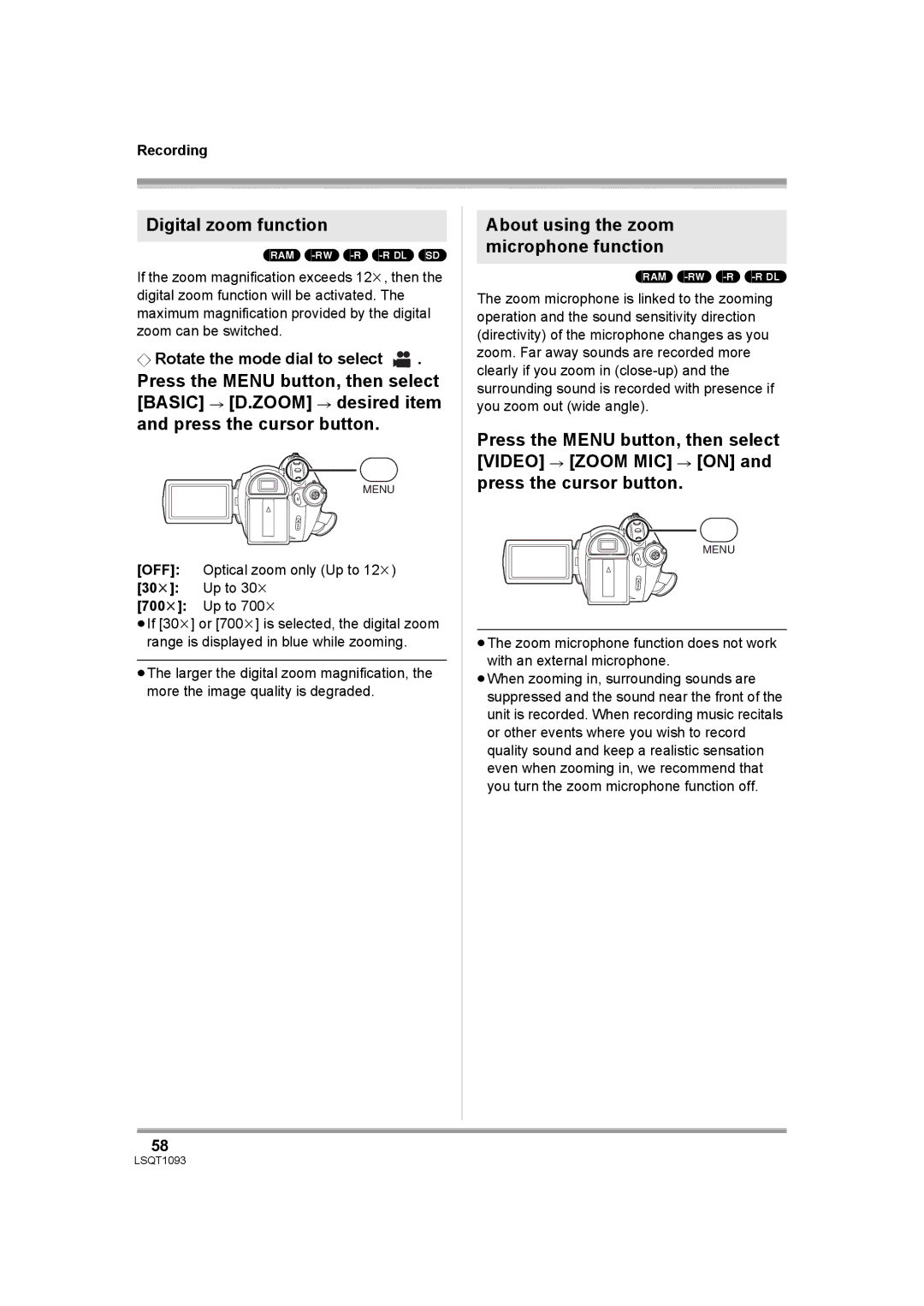 Panasonic HDC-DX1PC operating instructions Digital zoom function, About using the zoom microphone function 