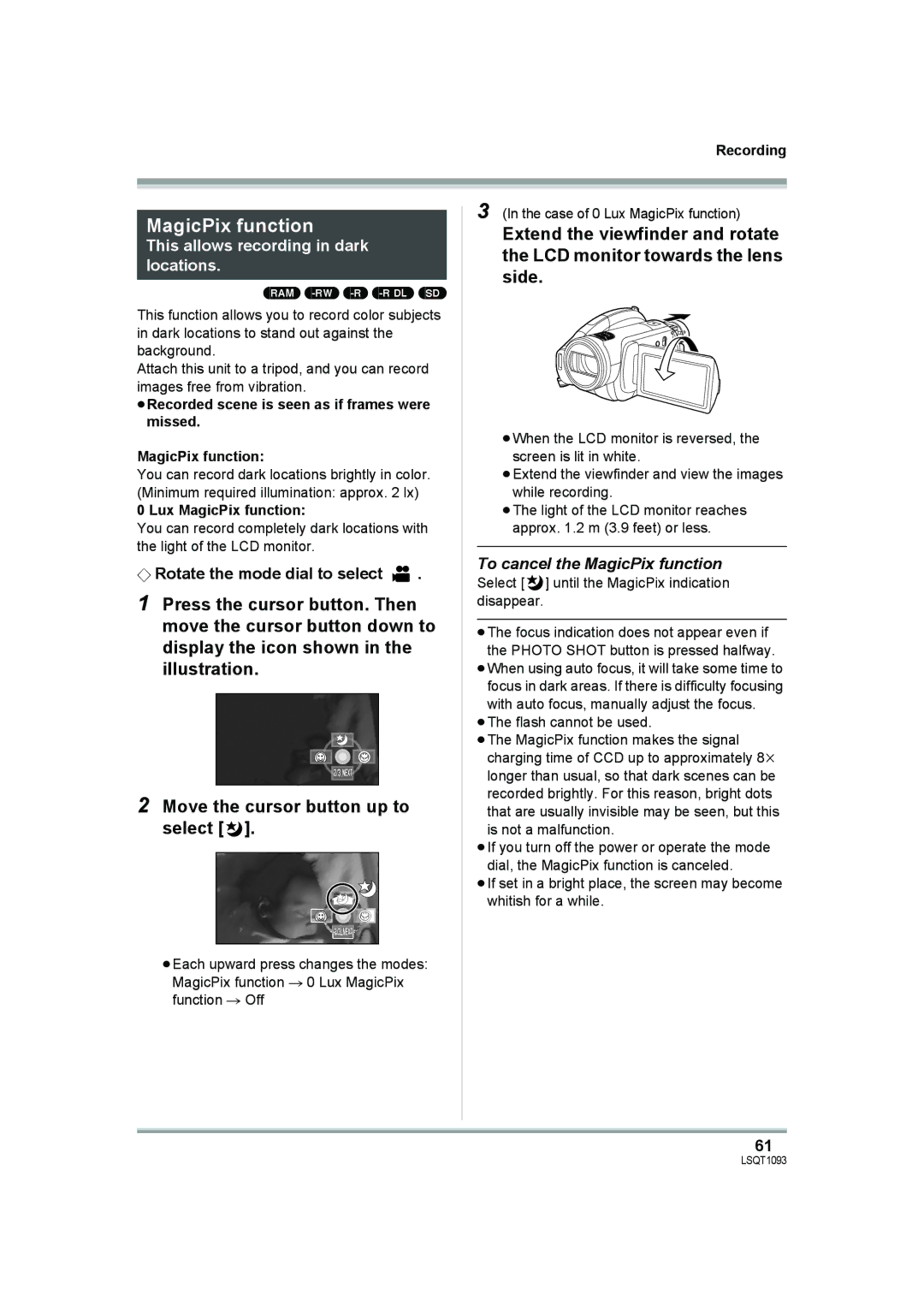 Panasonic HDC-DX1PC operating instructions To cancel the MagicPix function, Lux MagicPix function 