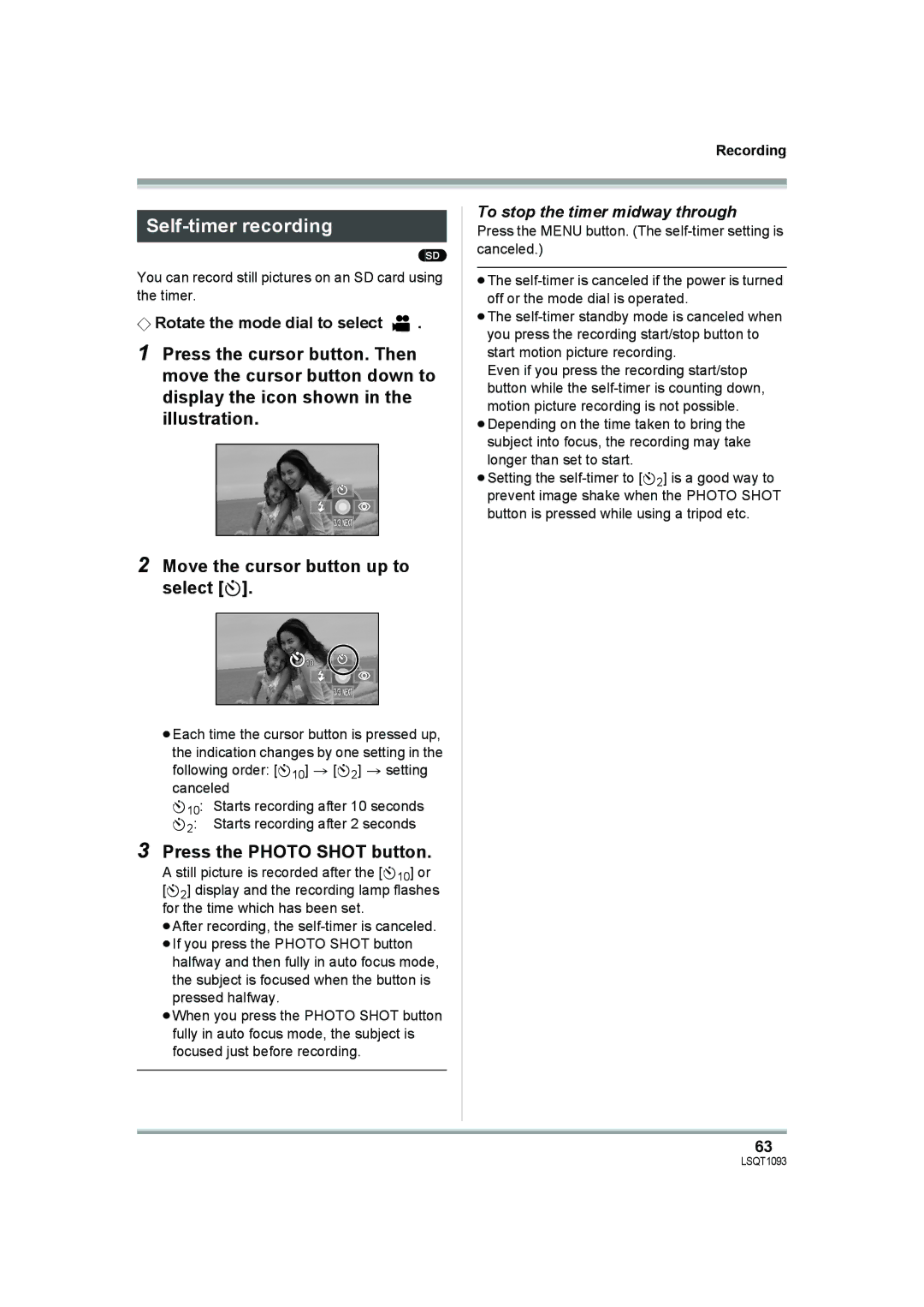 Panasonic HDC-DX1PC Self-timer recording, Press the Photo Shot button, To stop the timer midway through 