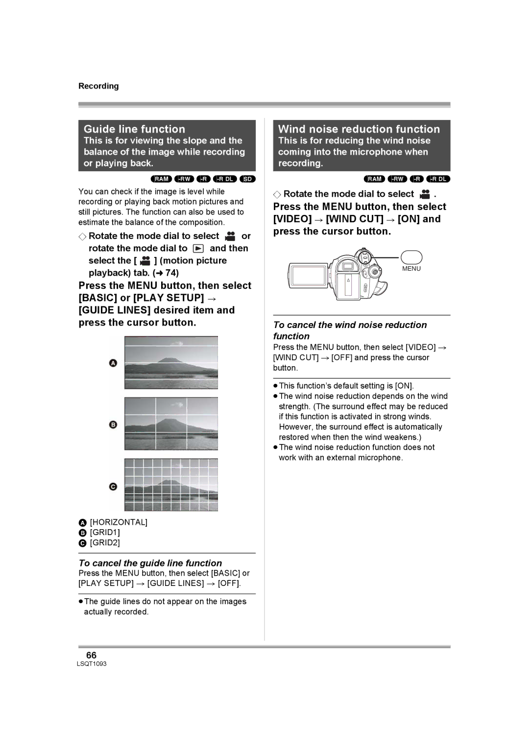 Panasonic HDC-DX1PC Guide line function, Wind noise reduction function, To cancel the guide line function 